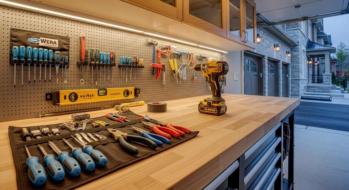 Workshop bench with hand tools and power tools
